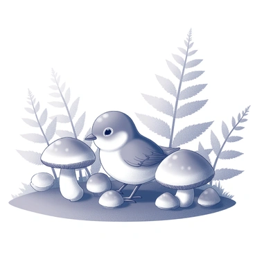 A small baby bird with soft feathers is perched on the forest floor. It appears curious, tilting its head as it looks around. Surrounding the bird are various types of mushrooms, some with rounded caps and others with tall stems, creating a diverse cluster on the ground. Ferns with delicate, lacy fronds fan out around the scene, adding texture and greenery. Light filters through the canopy above, casting soft shadows on the earth beneath.