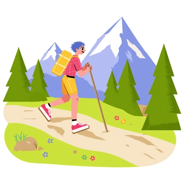 An adventurous anime girl with short blue hair is hiking up a scenic mountain trail. She is wearing a bright yellow backpack and a red plaid shirt, with a determined expression on her face. The mountain trail is surrounded by lush green trees and colorful wildflowers. In the background, tall, snow-capped peaks rise against a clear blue sky. The sunlight casts a warm glow on the scene, highlighting the excitement of the hike.