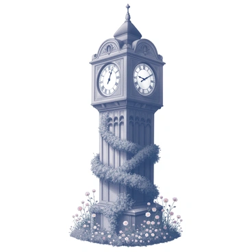 A giant clock tower stands tall, its structure detailed with intricate carvings. The clock face is prominently displayed, but the hands are fixed in a specific position, indicating time is suspended. The tower is enveloped by thick, overgrown vines that creep up its sides and wrap around its base. Wildflowers bloom in abundance at the foot of the tower, their petals unfurling amidst the greenery. The scene captures a sense of nature reclaiming the man-made structure, with the wild flora adding a touch of life to the towering edifice.
