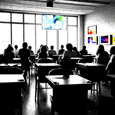 A classroom is filled with desks arranged in neat rows, each equipped with a sleek AI tablet resting on the surface. Students, a diverse group of young individuals, are attentively focused on their tablets, engaging with interactive content. Holographic displays hover above each desk, projecting colorful images and data that enhance the learning experience. The walls are adorned with educational posters and digital screens showcasing various subjects. Natural light streams through large windows, illuminating the scene and creating a vibrant atmosphere of learning and technology.