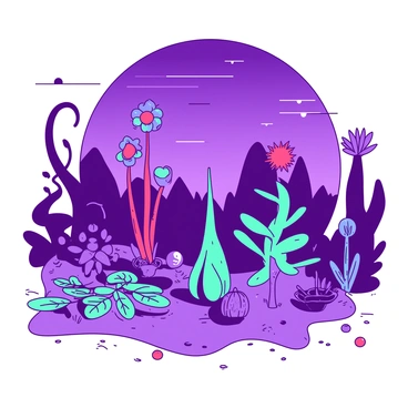 A duotone illustration features a garden on an alien planet. The garden is filled with plants of unusual shapes, including tall spirals, bulbous forms, and star-like structures. Some plants have elongated, twisting leaves, while others bloom with oversized, multi-petaled flowers. The ground is a soft texture, dotted with small, glowing orbs scattered throughout. Above the garden, the sky is a vibrant shade of purple, casting a unique light over the scene. The plants shimmer in shades of teal and red, creating a striking contrast against the purple backdrop.