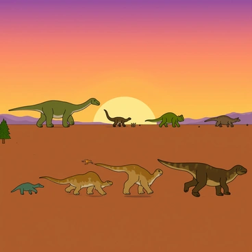 A large herd of dinosaurs is migrating across a vast plain as the sun sets on the horizon, painting the sky in shades of orange and purple. The herd includes various species, such as a towering Brachiosaurus with a long neck, a small flock of swift Velociraptors running alongside, and a few Triceratops with their distinctive frills. The dinosaurs' scales shimmer in the warm light, and their silhouettes create a striking contrast against the colorful sky. In the background, a few scattered trees and distant mountains are visible, completing the scene of this dynamic migration.