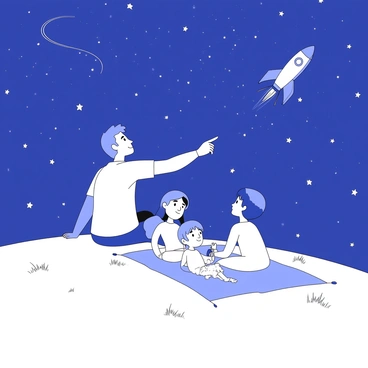 A family is sitting on a grassy hilltop, gazing up at the night sky. There are four family members: a father, a mother, a daughter, and a son. The father is pointing towards the sky, while the daughter holds a telescope beside him. The mother and son are lying on a blanket, both looking up in awe. Above them, a rocket is arcing across the sky, leaving a trail behind it. The stars are densely scattered throughout the sky, creating a majestic backdrop for the scene.