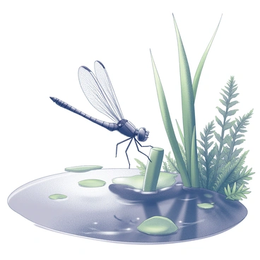 A dragonfly nymph is emerging from the water, clinging to a tall green reed by the edge of a pond. Its body is elongated and segmented, showcasing intricate details of its anatomy, such as small legs and a pair of developing wings tightly folded against its back. In the background, the pond reflects the surrounding vegetation, with ripples indicating movement beneath the surface. 

As the dragonfly transitions, its exoskeleton is shedding, revealing the vibrant, transparent wings that will soon enable it to fly. The setting is alive with lush greenery, including various aquatic plants and ferns, indicating the habitat where this metamorphosis is taking place. 

The scene captures the moment of transformation, highlighting the contrast between the stillness of the water and the imminent flight of the adult dragonfly. It embodies the journey from the depths of the pond to the heights of the sky, portraying both growth and change in an intricate, detailed composition.