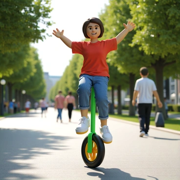A person with short brown hair is jumping on a colorful pogo stick in an urban park setting. They are wearing a bright red t-shirt, blue jeans, and white sneakers. The pogo stick is a vibrant green with yellow accents. In the background, there are trees and a walking path, with people enjoying the park. The person is airborne, with their knees bent and arms raised, demonstrating kinetic energy in motion. Sunlight filters through the leaves, casting dappled shadows on the ground.