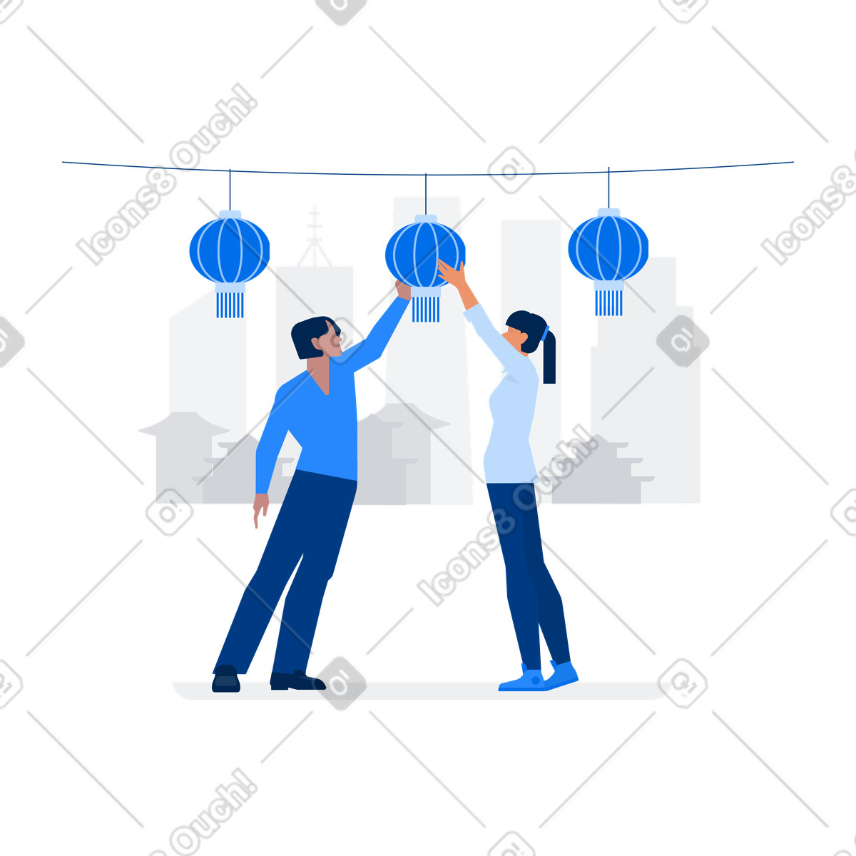 下载 Urban 风格的 Decorating city with lanterns, Asian festival preparation 插画，支持 PNG、SVG 格式