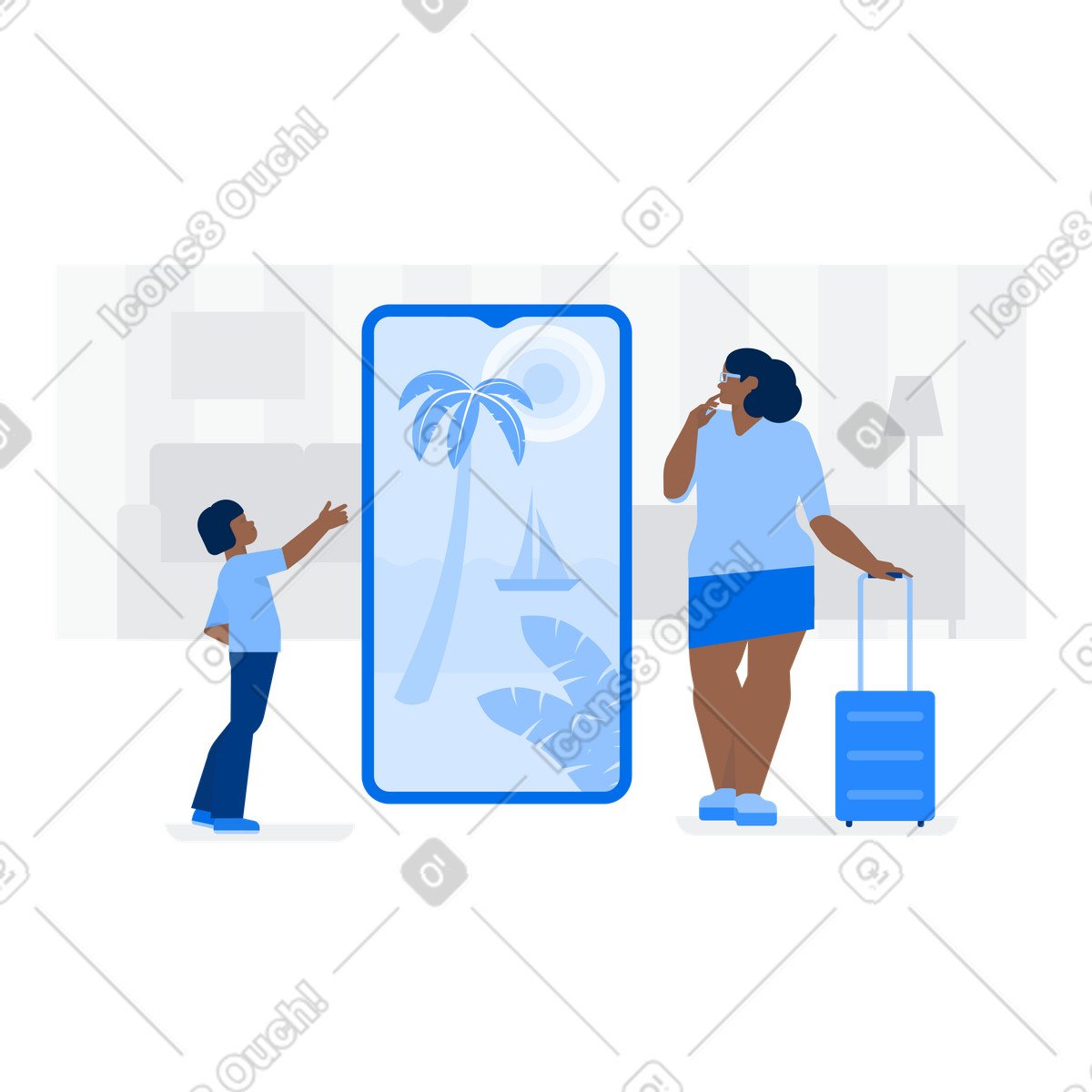 Mom and daughter looking at display showing seaside resort illustration in Urban style download in PNG, SVG