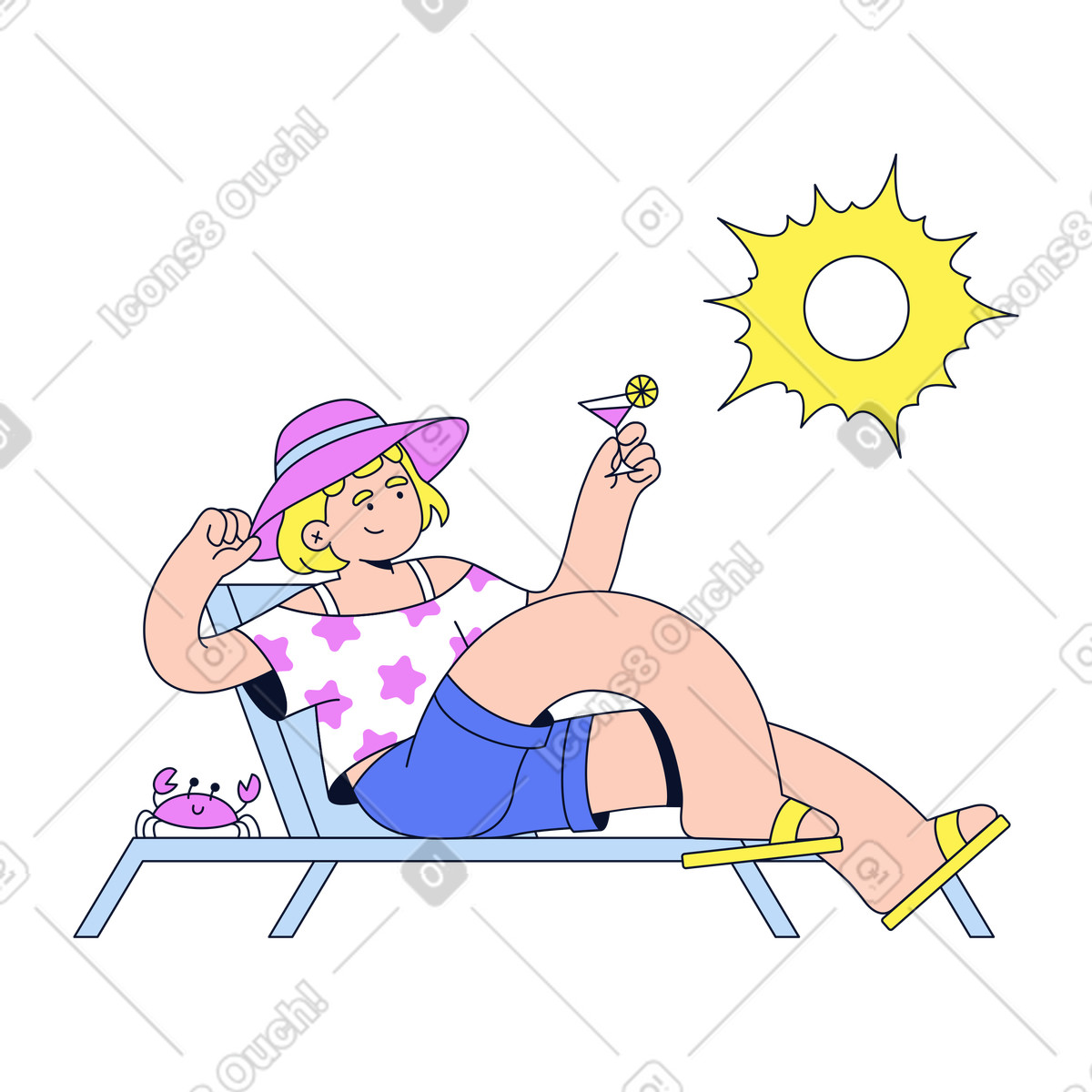 Traveler relaxing on lounger with cocktail under sun, holiday getaway and beach break animated illustration in Flexy style download in GIF, Lottie (JSON), AE