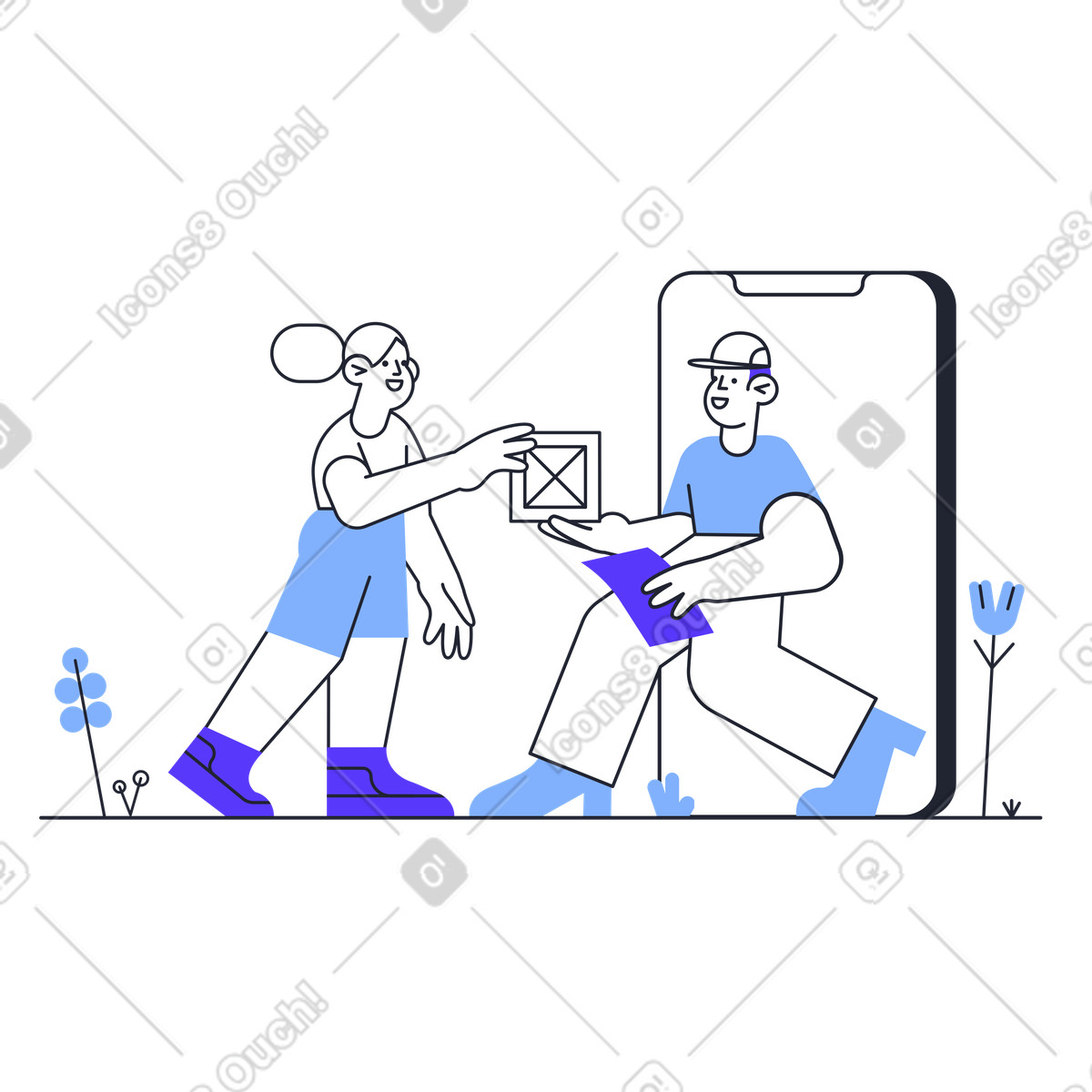 Pablita スタイルの Delivery man comes out from a cell phone with package and gives it to woman のイラストをPNG、SVG形式でダウンロード