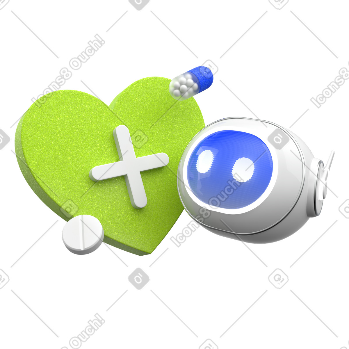 Ilustración Asistente de chatbot atención médica, corazón verde con pastillas, asistencia médica digital en estilo 3D Enterprise a descargar en PNG y SVG
