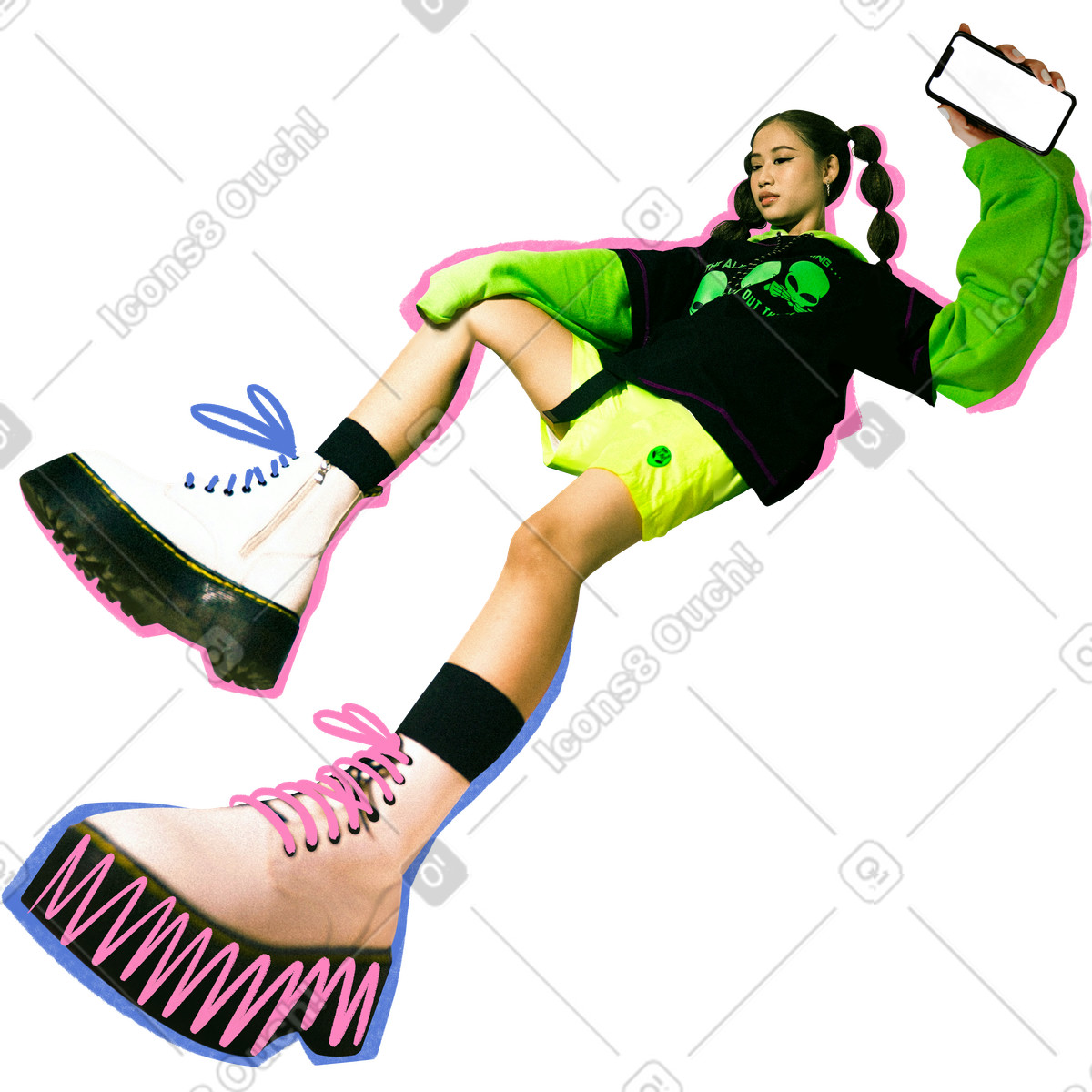 下载 Energy 风格的 Young woman with a phone 插画，支持 PNG、SVG 格式