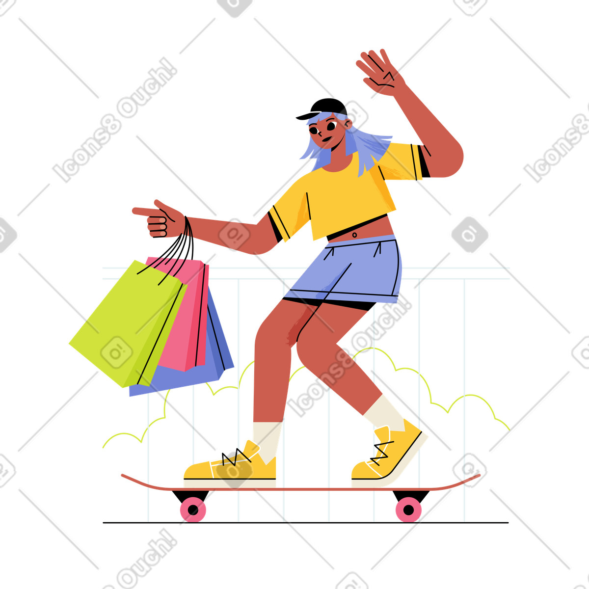 Ilustração de Menina andando skate com sacolas compras na mão em no estilo Juicy para baixar em PNG, SVG