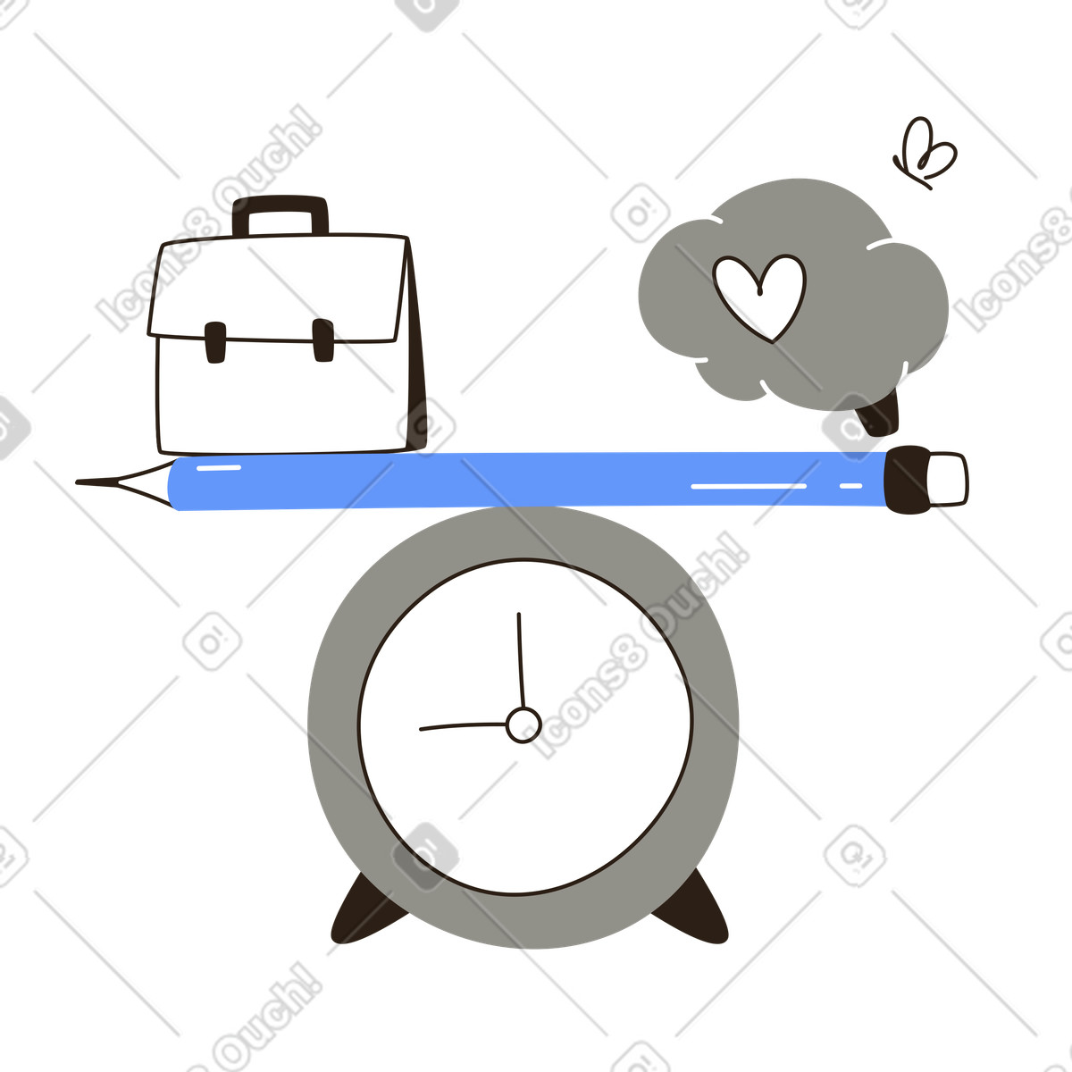 Ilustración Maletín y corazón en equilibrio sobre un lápiz reloj, gestión del tiempo entre vida laboral personal estilo Plain a descargar PNG SVG