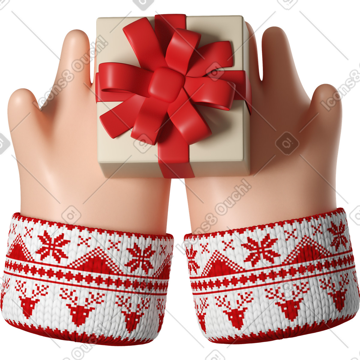 3D Hands Fun&Wild スタイルの ギフトボックスを保持している白いクリスマスセーターの白い肌の手 のイラストをPNG、SVG形式でダウンロード