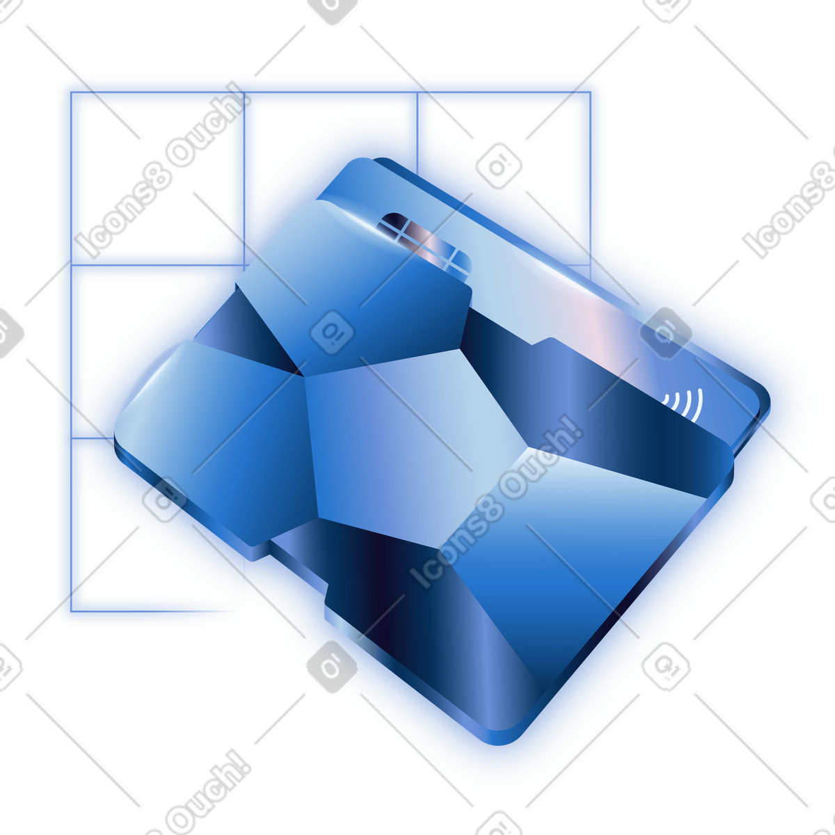 Cashless checkout with bank card in blue geometric slim wallet illustration Dimension style download PNG, SVG