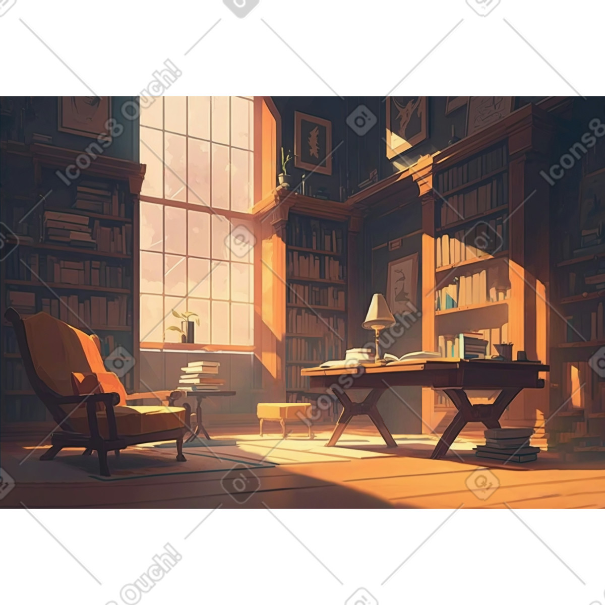 Ilustración Un lugar de trabajo con el fondo la biblioteca personal. en estilo Experimental a descargar en PNG y SVG