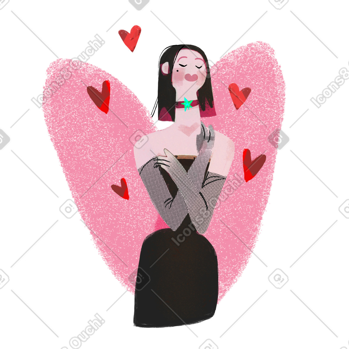 Ilustração de Mulher se abraça contra o fundo do coração em no estilo Fabulous para baixar em PNG, SVG