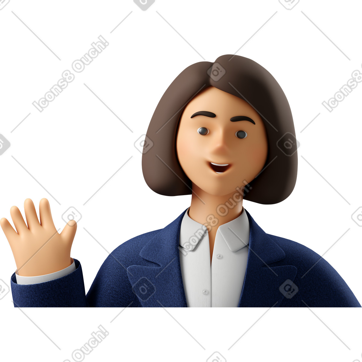 Illustration Close up of businesswoman in blue suit waving hello dans le style 3D Business à télécharger aux formats PNG, SVG