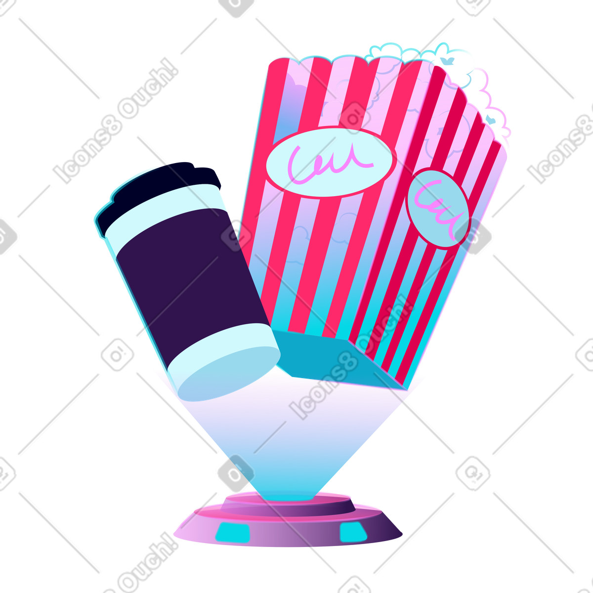 Popcorn und hei&szlig;getr&auml;nk f&uuml;rs kino-Illustration im Neon-Stil als Download in PNG, SVG