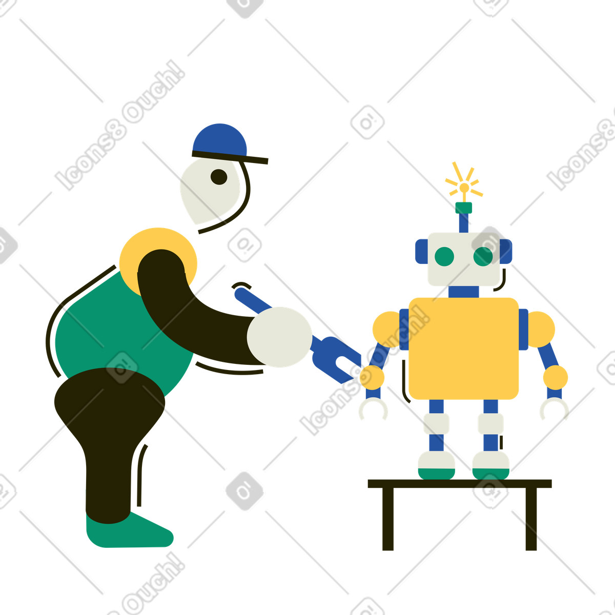 Illustration Réparateur réparant un robot avec une clé dans le style Spot à télécharger aux formats PNG, SVG