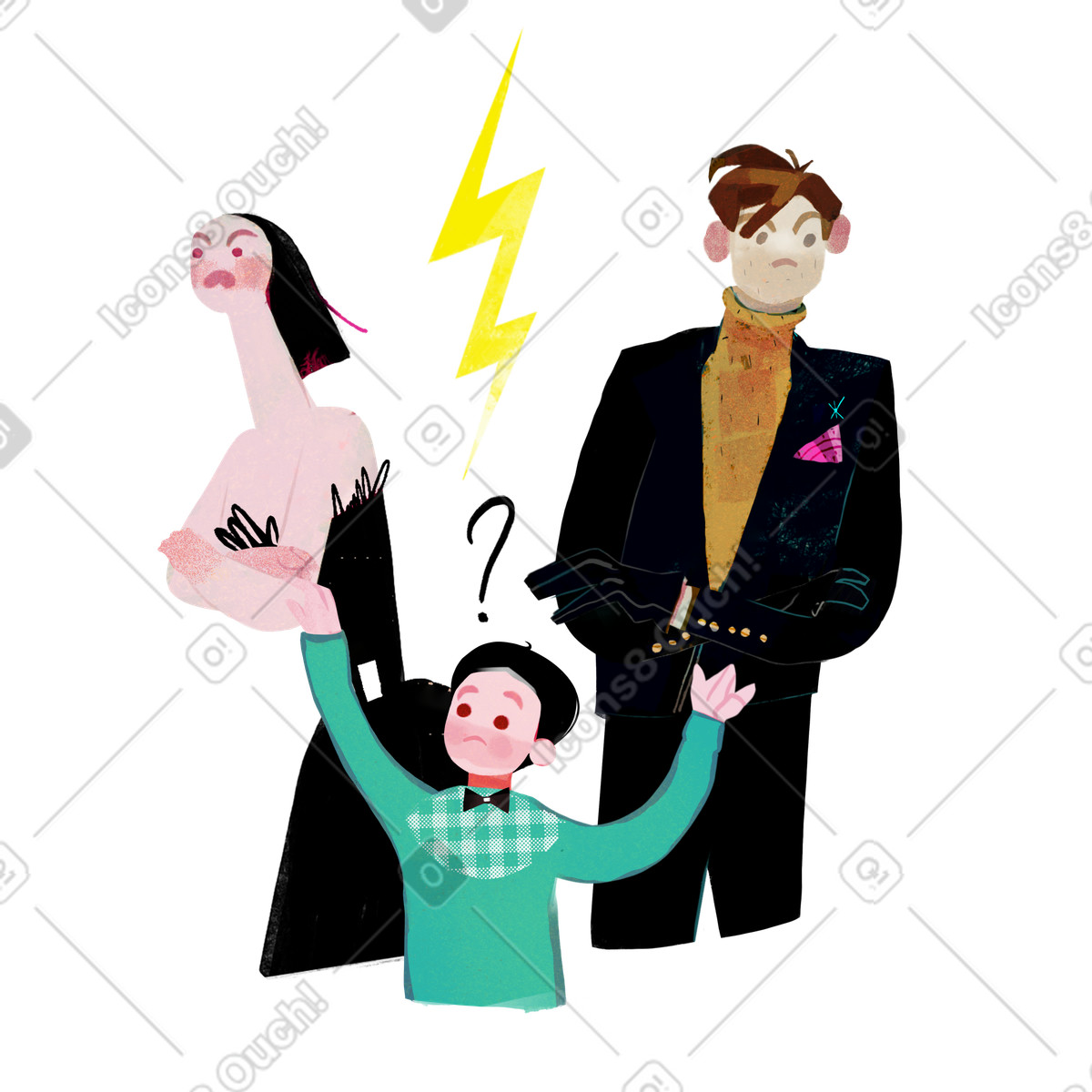 Confused child standing between arguing parents illustration in Fabulous style download in PNG, SVG