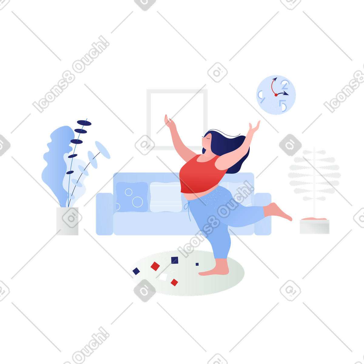 Practicing yoga in living room, Home workout routine-Illustration im Clip-Stil als Download PNG, SVG