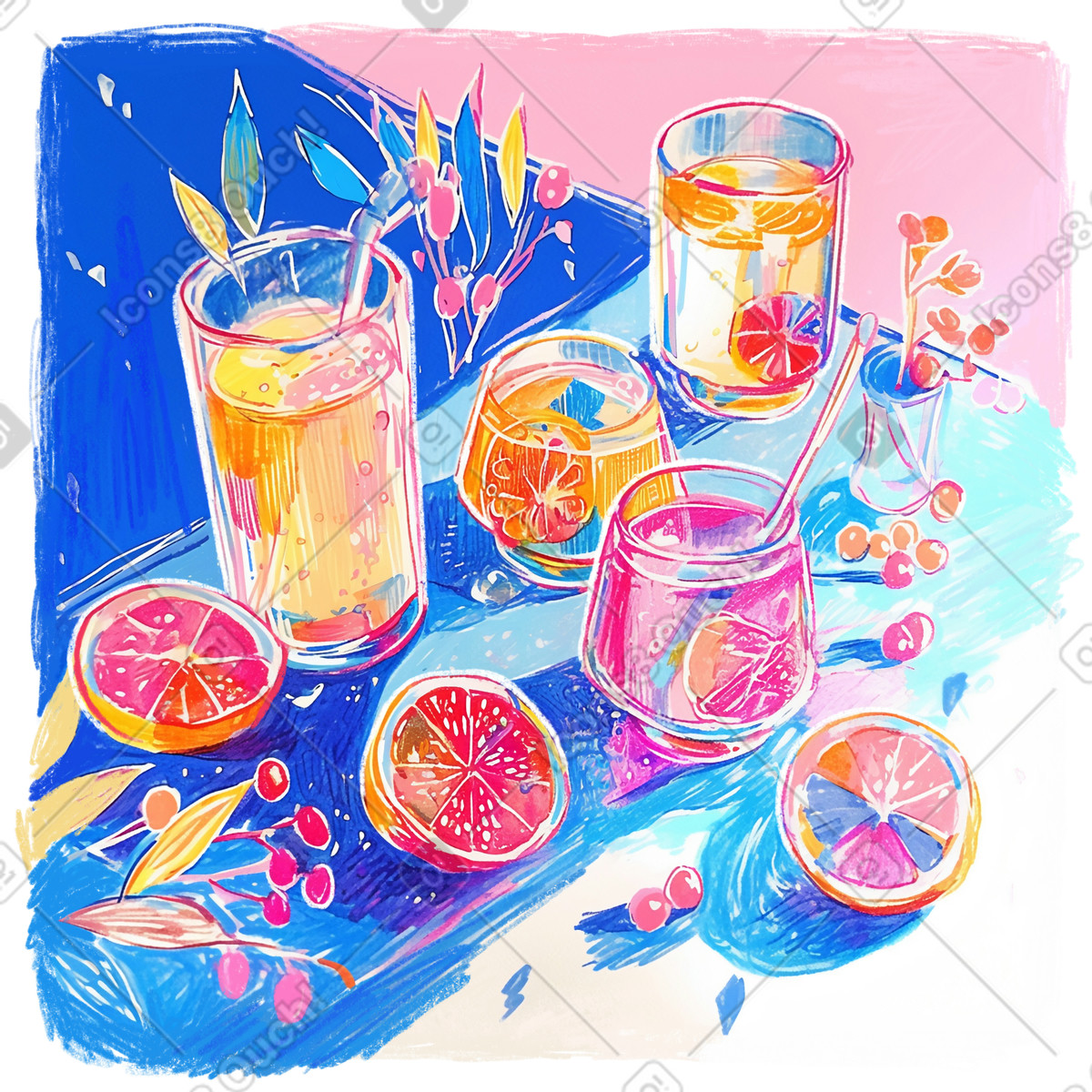 Pencil drawing of citrus fruit and cocktails in glasses illustration Fuchsia style download PNG, SVG
