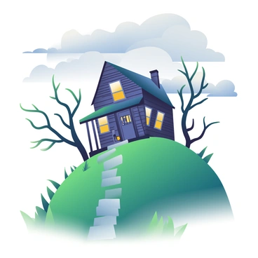 A haunted house with dark wooden siding and broken windows is perched atop a steep, grassy hill. The structure appears old and weathered, with a crooked chimney and a rickety porch that creaks ominously. Surrounding the house are bare trees with twisted branches reaching out like skeletal hands. Above, a sky filled with ominous, swirling gray clouds casts a shadow over the scene, creating a stark contrast with the faint light from a flickering lantern hanging by the front door. In the foreground, tall grasses sway gently in the wind, adding to the eerie atmosphere. A narrow, winding path leads up the hill to the entrance of the house.