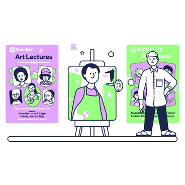 A series of colorful posters promoting art lectures are displayed on a wall. Each poster features an illustration of the lecturer standing confidently in front of an easel, holding a palette and paintbrush. The lecturer is depicted with short hair and wearing a buttoned shirt. Surrounding the lecturer are illustrations of notable artists, each with distinctive styles and expressions, arranged in a semi-circle. The illustrations include a famous painter with a beret, a sculptor working on a statue, and a mixed media artist surrounded by creative materials. Above the lecturer, the text "Art Lectures" is prominently featured in bold letters, while smaller text details the dates and locations of the lectures below.