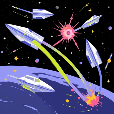 A dramatic space scene featuring futuristic spaceships engaged in battle. Several sleek, metallic ships with angular designs are firing colorful beams of energy at each other. In the background, a vast galaxy is visible, filled with bright stars, swirling nebulae, and distant planets. Some of the ships are dodging explosions, while others are firing missiles. The atmosphere is filled with dynamic action and movement, showcasing the intensity of the conflict in space.