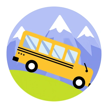 A yellow school bus is positioned in the center, with its front wheels ascending a steep, grassy hill. The bus features large windows and is decorated with black stripes along its sides. In the background, there are tall mountains with snow-capped peaks, partially shrouded in fluffy white clouds. The sky above is bright blue, creating a vivid contrast with the yellow of the bus and the green of the hill. The scene is lively, capturing the essence of a bright and sunny day.