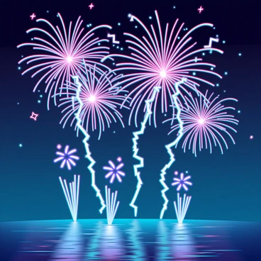 A vibrant festival night sky is illuminated with an array of colorful fireworks exploding in various shapes and patterns. The fireworks burst into stars, spirals, and cascading trails of light. Interspersed among the fireworks, bright lightning bolts zigzag across the sky, adding dramatic flashes of white and blue. The background is a deep indigo, showcasing the contrast between the fiery colors of the fireworks and the electric energy of the lightning. The scene conveys a sense of celebration and excitement, with the fireworks reflecting in nearby water, creating a shimmering effect.