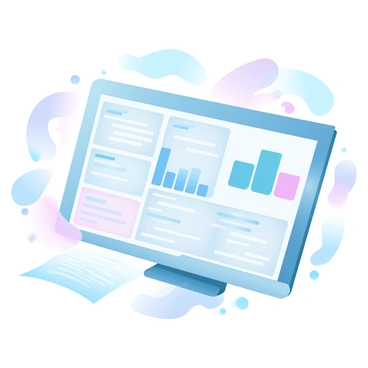 An AI is working on a digital device, compiling a detailed editorial report. The screen displays multiple charts, including bar graphs and pie charts, alongside snippets of articles in different text boxes. The workspace is organized with papers and notes scattered around the device. Various color-coded elements illustrate the charts, while the snippets of articles have distinct headings in a clear font. A soft gradient background enhances the overall visual appeal of the composition.