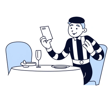 A mime dressed in a classic black and white striped outfit, complete with a black beret and white gloves. The mime is seated at an empty table elegantly set with a white tablecloth, a fine china plate, and an empty wine glass. The mime's gestures are expressive, as if interacting with an invisible waiter while pretending to examine a luxurious menu. The mime's face displays a variety of exaggerated expressions, conveying delight and curiosity. The ambiance of the imaginary restaurant is suggested by the mime's elaborate hand movements and body language, creating an engaging scene.