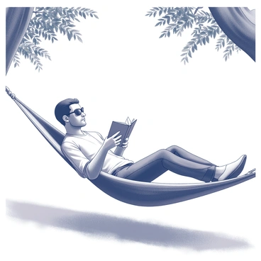 A man is reclining in a hammock, suspended between two sturdy trees. He is holding an open book in one hand, while the other hand rests comfortably on his chest. He wears dark sunglasses that reflect the sunlight. His relaxed posture indicates a sense of leisure as he enjoys the warm, bright atmosphere of a sunny Sunday afternoon. Surrounding him are lush green leaves that sway gently in the light breeze, creating a serene setting. The sun casts dappled shadows on the ground beneath the hammock, enhancing the tranquil scene.