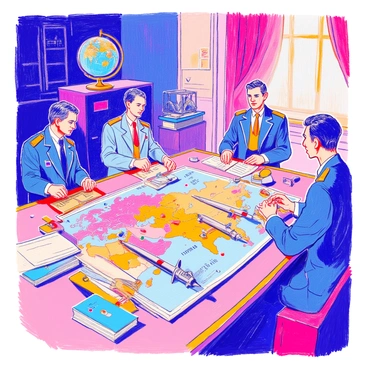 A historical scene depicting the Cold War nuclear arms race features a large map spread across a wooden table. The map shows various countries marked with colorful pins and annotations. Nearby, several missile models are positioned, showcasing their distinct shapes and sizes. In the background, a group of military officials in suits and uniforms are engaged in a serious discussion, with briefcases and paperwork scattered around them. The room is dimly lit, with a large globe sitting on a shelf, adding to the atmosphere of the era.