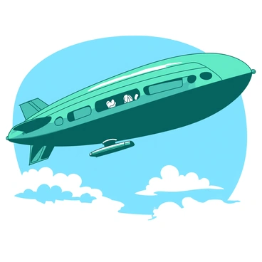 A teal retro-futuristic airship hovers in the sky, featuring sleek curves and metallic fins reminiscent of 1950s sci-fi designs. The airship has large, round windows along its side, showcasing passengers inside. Brilliant white accents highlight its contours, while intricate propeller details are visible at the base. Below the airship, fluffy white clouds float against a vibrant blue backdrop, enhancing the overall aesthetic of the scene.