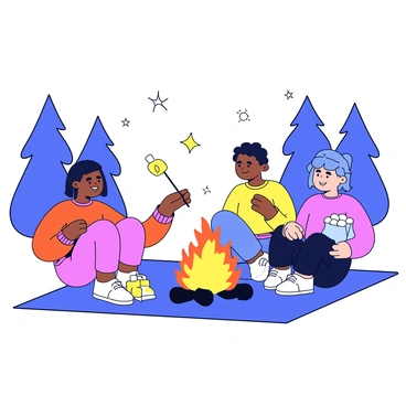 A group of three friends sitting on a blanket around a campfire. One friend is holding a stick with a marshmallow over the flames, while another friend watches with a smile. The third friend is reaching for a bag of marshmallows placed on the ground next to them. The campfire emits bright orange flames and there are small sparks flying into the night sky. The friends are dressed in casual clothing, and there are trees in the background surrounding the campsite.