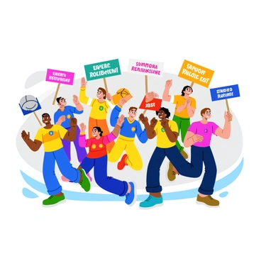 A group of fans dressed in vibrant team colors, wearing jerseys that display the team's logo prominently. Each fan holds colorful signs with enthusiastic messages of support and encouragement. The fans are gathered in a lively manner, with some jumping in excitement while others are clapping their hands. The atmosphere is filled with energy as they cheer passionately, showcasing a variety of expressions from joy to determination. The background hints at a sports event, enhancing the context of the scene.