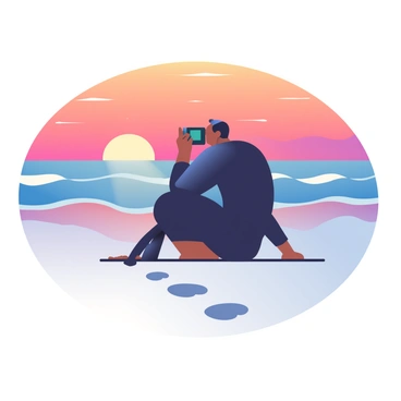 A silhouette of a photographer is positioned on the sand at the beach, holding a camera up to their eye. The sky behind them is filled with vibrant hues of orange, pink, and purple as the sun sets on the horizon. The ocean waves are gently lapping at the shore, reflecting the colors of the sunset. In the foreground, there are distinct footprints in the sand leading towards the silhouette, creating a sense of depth and perspective in the scene.