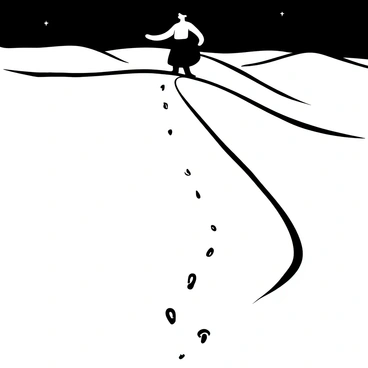 A person standing atop a large sand dune, silhouetted against the horizon. The figure is wearing a flowing garment that flutters in the gentle breeze. The sand dune has smooth, flowing contours, and the surface is marked by faint footprints leading up to the top. In the background, the sky is filled with a gradient of black and white tones, suggesting the transition from day to night. The scene conveys a sense of vastness, with distant dunes and gentle undulations stretching into the background.