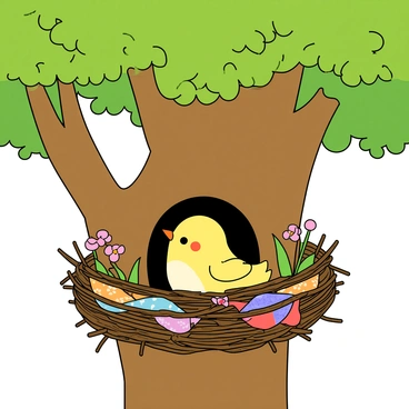 A small baby bird with soft yellow feathers is peeking out from the entrance of a whimsical treehouse-like nest. The nest is situated in the branches of a large, leafy tree with vibrant green leaves. The treehouse nest is made of twigs, colorful fabric pieces, and small flowers, creating a cozy atmosphere. The bird's eyes are wide and curious as it looks out into the surroundings. Sunlight filters through the leaves, casting playful shadows around the nest, enhancing the cheerful scene.