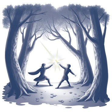 A magical duel is occurring in a dense forest. The scene is set beneath a high canopy formed by ancient trees, their thick trunks and sprawling branches creating a dramatic backdrop. Two figures are engaged in combat, each casting spells that send bright arcs of light between them. The ground is covered with fallen leaves and moss, and the air is filled with energy as the magic crackles. The trees surrounding the duel are knotted and gnarled, adding to the mystical atmosphere of the forest.