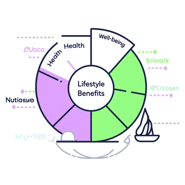 A pie chart divided into multiple sections, each segment representing a different lifestyle benefit. The chart is displayed on a light surface, showcasing clear boundaries between the sections. Each section has a label indicating the specific lifestyle benefit it represents, such as "Health", "Well-being", "Fitness", and "Nutrition". In the center of the pie chart, there is a small circle for the title "Lifestyle Benefits". The overall composition is organized, with a clean and structured appearance.