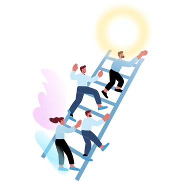 A ladder with evenly spaced steps extends upward into a bright light. Several figures are depicted, with men and women climbing alongside each other. The ladder is constructed of a sturdy material, and the background features a gradient of pastel colors, transitioning from warm yellows to soft pinks. Each figure is dressed in professional attire, symbolizing ambition and determination as they ascend towards the light representing opportunity.