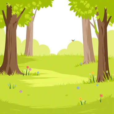 A forest glade with lush green grass covering the ground. Tall trees surround the glade, their trunks sturdy and brown. Sunlight filters through the leaves, creating dappled patterns of light and shadow on the ground. Small, colorful wildflowers peek through the grass, adding vibrant spots of color. In the distance, a few birds can be seen perched on the branches, adding life to the scene.