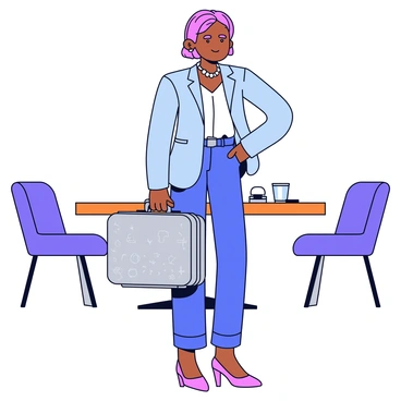 A trendy fashionista with a stylish outfit stands confidently in a chic cafe. The person wears a fitted blazer and tailored trousers, accessorized with statement jewelry. In their hand, they hold a sleek Rimowa suitcase, which is silver with a textured surface and smooth handles. The cafe features modern furniture, with a wooden table and plush seating in the background. Soft lighting illuminates the space, enhancing the fashionable atmosphere.