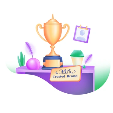 A modern pastel illustration of a shiny trophy displayed prominently on a wooden shelf. The trophy has a polished gold finish and features a sleek design with a pointed top. Attached to the base of the trophy is a rectangular plaque displaying the words "Most Trusted Brand" in bold, elegant lettering. The background includes softly colored decorative elements, like small plants and framed photographs, enhancing the shelf's appearance. The overall scene is well-lit, highlighting the trophy's gleam and the text on the plaque.