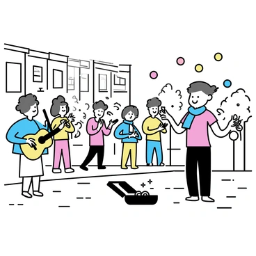 A street performer stands on a cobblestone sidewalk, juggling three colorful balls high in the air. He is wearing a red shirt and black pants, with a bright blue scarf tied around his neck. A small crowd of passersby gathers around, watching intently. Some people are smiling and clapping, while others are taking photos with their phones. Nearby, a guitar case is open on the ground, revealing coins and bills inside, showing that he is also playing music. The setting has a few trees and old brick buildings in the background, adding to the lively street scene.