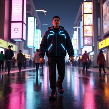 A 3D human figure with short, slicked-back hair and wearing a futuristic black jacket with glowing blue accents. The figure is walking confidently down a bustling cyberpunk street, surrounded by vibrant neon lights in shades of pink, green, and blue. Tall digital billboards display animated advertisements, flickering and casting colorful reflections on the wet pavement. Various people in eclectic outfits hurry past, and hovering vehicles zip overhead, contributing to the energetic atmosphere of the scene. The sky is dark, enhancing the bright colors from the lights and screens.